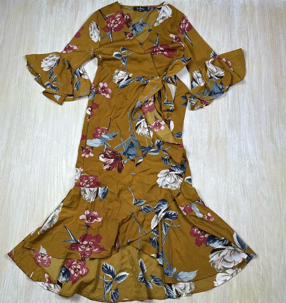 Lulu's Love & Light Mustard Yellow Floral Print Midi Romantic Faux Wrap Dress XS